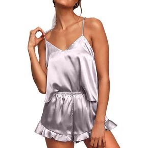 Women's Sexy Silk Satin Ruffled Pajamas Sets Cami Shorts Sets Sleepwear