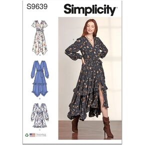 طقم خياطة فستان متوسط ​​الطول من Simplicity Misses، كود S9639، المقاسات 6-8-10-12-14، متعدد الألوان