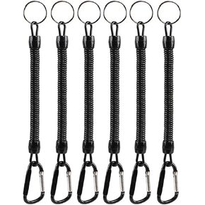 Pack of 6 Black Coiled Fishing Lanyard with Carabiner Fishing Ropes Secure Pliers Lip Grips Tackle Fish Tools