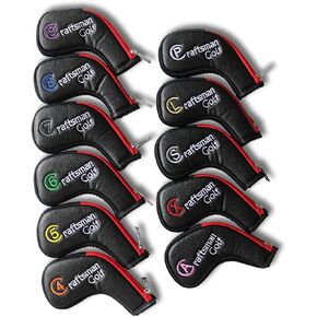 Craftsman Golf 11pcs /Set (4,5,6,7,8,9,A,S,P,L,X) Synthetic Leather Black with Red Edge Iron Head Cover Headcover Set for Callaway Ping Etc. with Zipper
