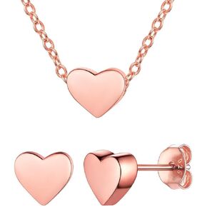ChicSilver Rose Gold Plated Sterling Silver Dainty Small Heart Pendant Necklace and Stud Earrings Jewelry Set for Women Girls