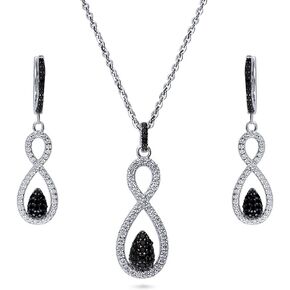 BERRICLE Sterling Silver Black and White Cubic Zirconia CZ Infinity Fashion Necklace and Earrings Set for Women, Rhodium Plated