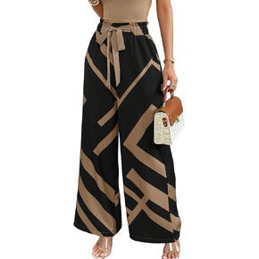 MakeMeChic Women's Belted Paperbag Elastic High Waist Palazzo Pants Printed Casual Wide Leg Pants