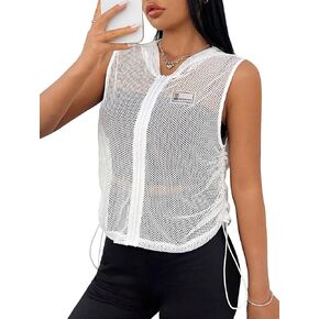 SweatyRocks Women's Fishnet Mesh Hooded Sports Tank Top Zip Up Workout Cover up Top