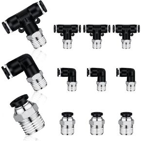12 Pcs 1/4 Push to Connect Fittings 1/4 Inch Tube OD x 1/4 NPT Air Line Fittings Pneumatic Fittings Thread Air Connector Quick Release Pneumatic Kit, 4 Elbow 4 Straight 4 Three-way Push Type