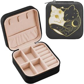 ALAZA Cute Cats Moon Sun Boho Small Jewelry Box for Women Girls Men Travel Jewelry Case PU Organizer, Black Edge