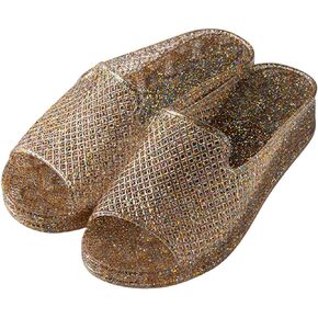 Women Summer Open Toe Jelly Slippers, Rhinestone Glitter Slide Sandals Soft Waterproof Jelly Slippers