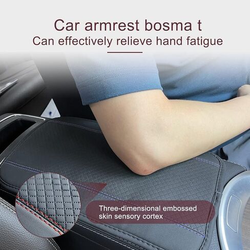 1 PC Car Four-Season Universal Armrest Box Mat, Carbon Fiber Leather Embossing Center Console Cover Pad, Double Line Non-Slip Central Handrail Box Cover Protector, for Most Vehicle Decoration (Beige) in Saudi Arabia
