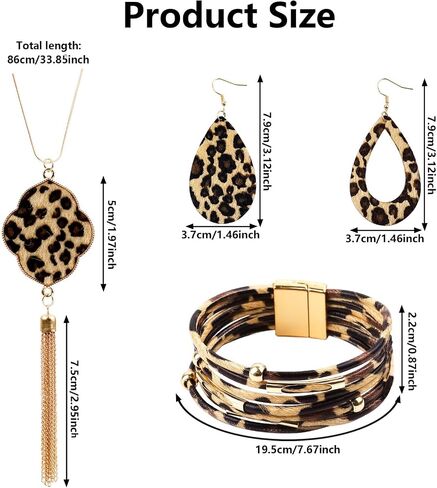 4 Pieces Leopard Jewelry Set Bohemia Earrings Bracelets Necklace Multilayer Leather Cuff Bracelet Long Tassel Leopard Print Pendant Necklace Teardrop Dangle Drop Earrings for Women Girls in Saudi Arabia