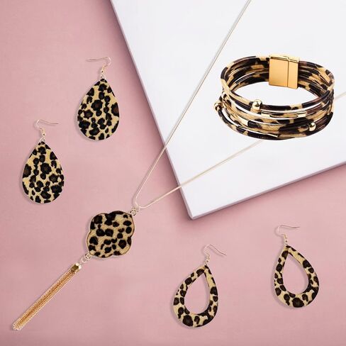 4 Pieces Leopard Jewelry Set Bohemia Earrings Bracelets Necklace Multilayer Leather Cuff Bracelet Long Tassel Leopard Print Pendant Necklace Teardrop Dangle Drop Earrings for Women Girls in Saudi Arabia