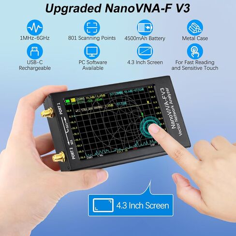 NanoVNA-F V3 1 ميجا هرتز - 6 جيجا هرتز محلل شبكة المتجهات، 4.3 بوصة HF VHF UHF SHF محلل هوائي بطارية مدمجة 4500 مللي أمبير في الساعة، قياس معلمة S، الجهد SWR، المرحلة، التأخير، مخطط سميث، RTC في الوقت الحقيقي، 801 نقطة مسح in Saudi Arabia