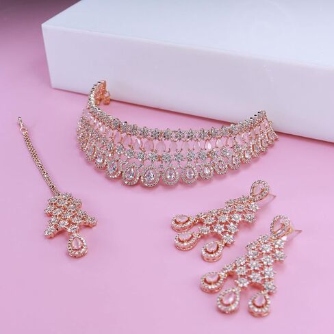 مجموعة قلائد مجوهرات من I Jewels مطلية بالذهب الوردي وهدايا الزفاف والزركونيا المكعبة مع أقراط للنساء (AD0020RG) in Saudi Arabia