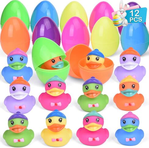 12 PCS Prefilled Easter Eggs with Rubber Duck Toys for Kids Easter Theme Party Favors, Bright Colorful Easter Eggs Filled with Assorted Colors Duck Toys for Fun Bath Toys, Easter Basket Stuffers in Kuwait