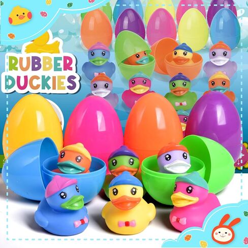 12 PCS Prefilled Easter Eggs with Rubber Duck Toys for Kids Easter Theme Party Favors, Bright Colorful Easter Eggs Filled with Assorted Colors Duck Toys for Fun Bath Toys, Easter Basket Stuffers in Kuwait