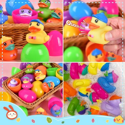 12 PCS Prefilled Easter Eggs with Rubber Duck Toys for Kids Easter Theme Party Favors, Bright Colorful Easter Eggs Filled with Assorted Colors Duck Toys for Fun Bath Toys, Easter Basket Stuffers in Kuwait
