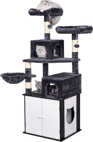 BEWISHOME شجرة القطط مع حاوية صندوق الفضلات، الكل في واحد، صندوق فضلات مخفي للقطط، برج للقطط مع مسكن كبير للقطط، بيت قطط حديث مع أعمدة خدش MMJ81D in Kuwait