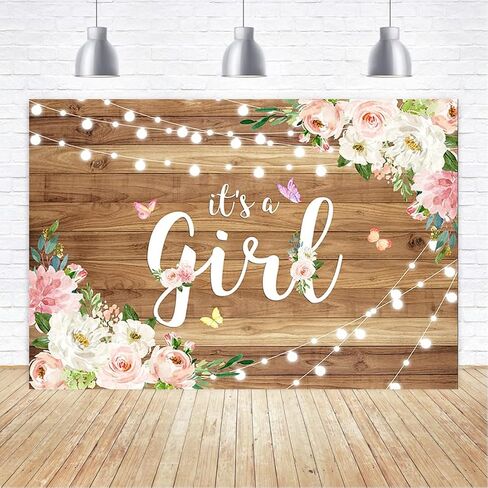 Aperturee It's a Girl Baby Shower Backdrop Watercolor Pink Floral Rustic Wood Floor Butterfly Photography Background Baby Girl Princess Party Decorations Photo Booth Studio Props Banner Supplies in Kuwait