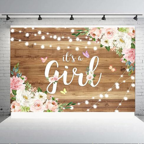 Aperturee It's a Girl Baby Shower Backdrop Watercolor Pink Floral Rustic Wood Floor Butterfly Photography Background Baby Girl Princess Party Decorations Photo Booth Studio Props Banner Supplies in Kuwait