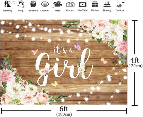 Aperturee It's a Girl Baby Shower Backdrop Watercolor Pink Floral Rustic Wood Floor Butterfly Photography Background Baby Girl Princess Party Decorations Photo Booth Studio Props Banner Supplies in Kuwait
