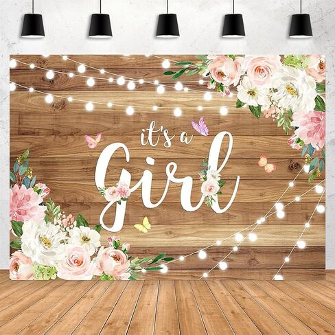 Aperturee It's a Girl Baby Shower Backdrop Watercolor Pink Floral Rustic Wood Floor Butterfly Photography Background Baby Girl Princess Party Decorations Photo Booth Studio Props Banner Supplies in Kuwait