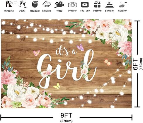 Aperturee It's a Girl Baby Shower Backdrop Watercolor Pink Floral Rustic Wood Floor Butterfly Photography Background Baby Girl Princess Party Decorations Photo Booth Studio Props Banner Supplies in Kuwait