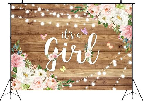 Aperturee It's a Girl Baby Shower Backdrop Watercolor Pink Floral Rustic Wood Floor Butterfly Photography Background Baby Girl Princess Party Decorations Photo Booth Studio Props Banner Supplies in Kuwait