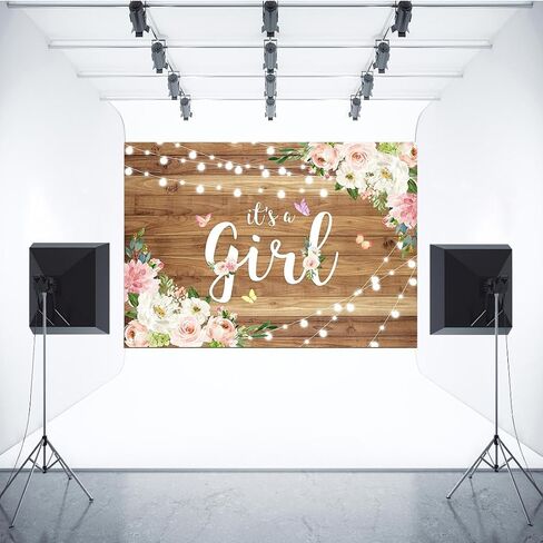 Aperturee It's a Girl Baby Shower Backdrop Watercolor Pink Floral Rustic Wood Floor Butterfly Photography Background Baby Girl Princess Party Decorations Photo Booth Studio Props Banner Supplies in Kuwait