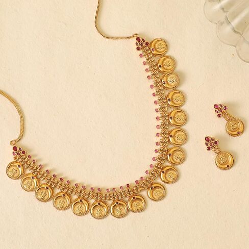 مجموعة قلادة رام سيثا العتيقة المطلية بالذهب من تارينيكا شاليني | أطقم مجوهرات هندية للنساء | مثالي للمناسبات العرقية | قلادة جنوب الهند التقليدية | 1 سنة الضمان* in Kuwait