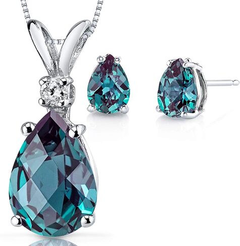 PEORA 14K White Gold Created Alexandrite Pendant and Earrings - Pear Shaped - Diamond Accented Pendant 2.55 Carats Stud Earrings 1.75 Carats in Saudi Arabia