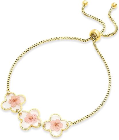 Four Leaf Clover Bracelet - Daffodil Pressed Flower Bracelets for Women,Boho Bracelets,Cute Bracelets,Bridesmaid Bracelet,Meaningful Blessing Gift | Adjustable (Gold) in Saudi Arabia