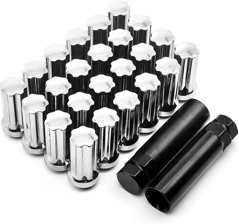Lug Nuts Chrome 24 Pack - M14x1.5 Conical Seat - Extended Spline - Fits 8 Lug Aftermarket Wheels - Includes 2 Socket Keys - Compatible with Ford, Ram,SAAB in Saudi Arabia