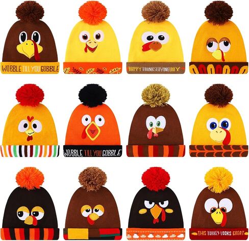 8pcs Turkey Pom Pom Beanie Hat Thanksgiving Funny Beanie Turkey Hat Turkey Knitted Cap for Adults Men Women Dress up Costume Running Winter Cosplay (Novelty) in Saudi Arabia