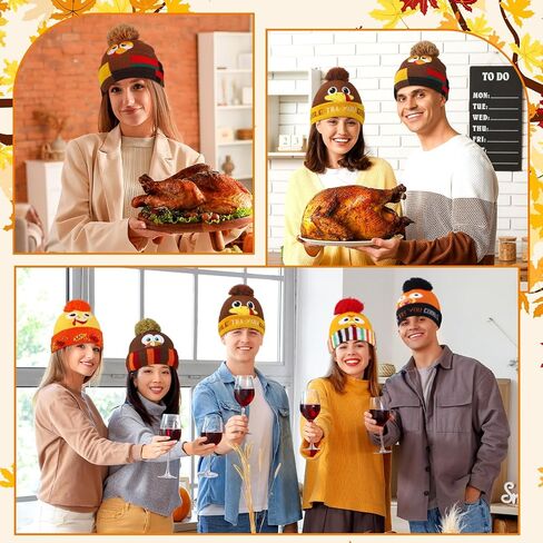 8pcs Turkey Pom Pom Beanie Hat Thanksgiving Funny Beanie Turkey Hat Turkey Knitted Cap for Adults Men Women Dress up Costume Running Winter Cosplay (Novelty) in Saudi Arabia
