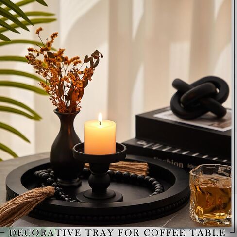 3 PCS Coffee Table Decord تشمل 12 بوصة صينية سوداء سوداء ، وسلسلة عقدة بوهو الخشبية ومرات حبة خشبية مع شرابات لمطاولة القهوة Housewarming غرفة الطعام غرفة المعيشة in Saudi Arabia