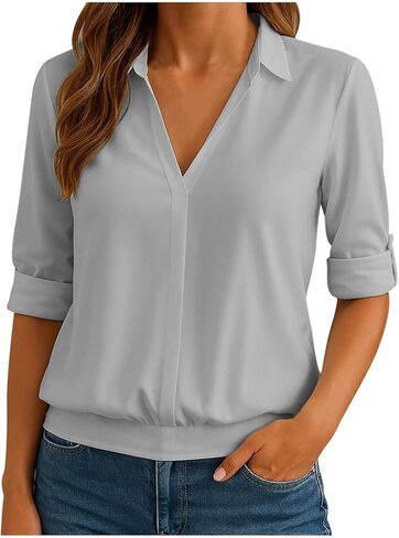 Womens Long Sleeve Pullover Shirts V Neck Lapel Collar Dressy Tops Business Casual Solid Color Work Trendy Blouses in Kuwait