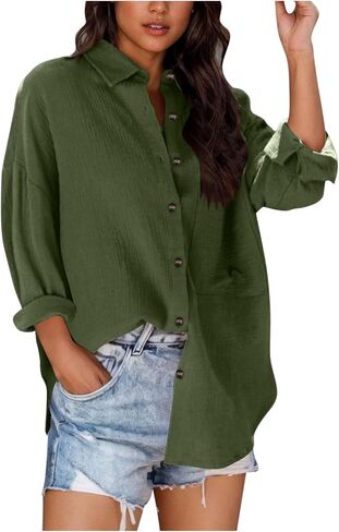 Womens Cotton Button Down Shirts Long Sleeve Lapel Collar Casual Tops Lightweight Solid Color Fall Trendy Blouses in Kuwait