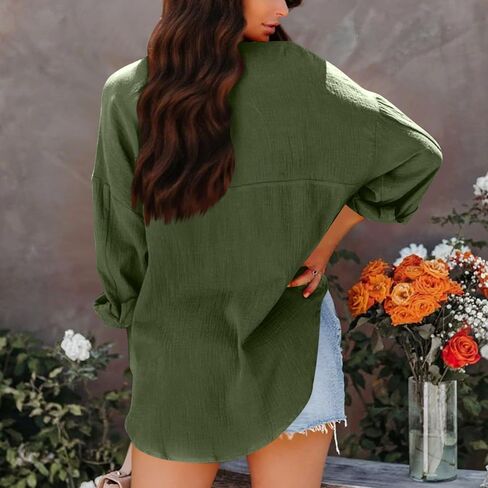 Womens Cotton Button Down Shirts Long Sleeve Lapel Collar Casual Tops Lightweight Solid Color Fall Trendy Blouses in Kuwait