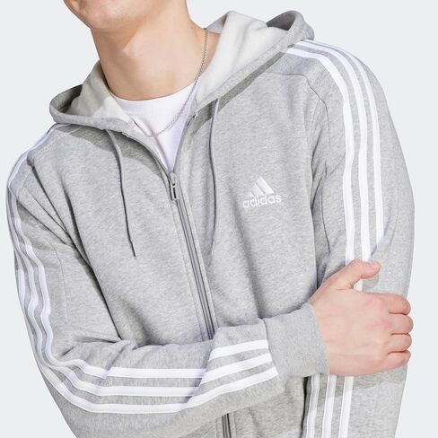 adidas Men's Essentials Fleece 3-Stripes Full-Zip Hoodie, Medium Grey Heather in Saudi Arabia