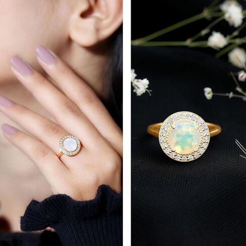 Real Opal Diamond Halo Engagement Ring, AAA Quality, Certified Rainbow Opal 8 mm Round Engagement Ring - Ready To Gift in Saudi Arabia