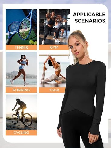 Fisoew Womens Long Sleeve Tops Tops Athletic Lescrets Derts Crew Neck Cross Hem تشغيل قمصان ناشطة in Saudi Arabia