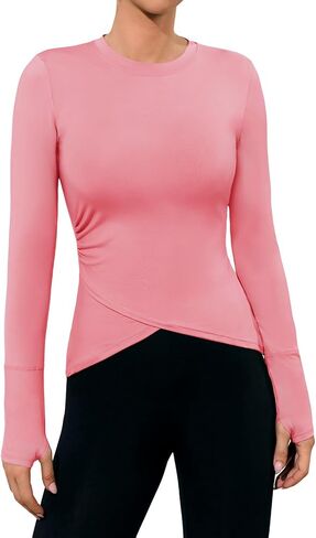 Fisoew Womens Long Sleeve Workout Tops Athletic Compression Shirts Crew Neck Cross Hem Running Yoga Active Shirts in Kuwait