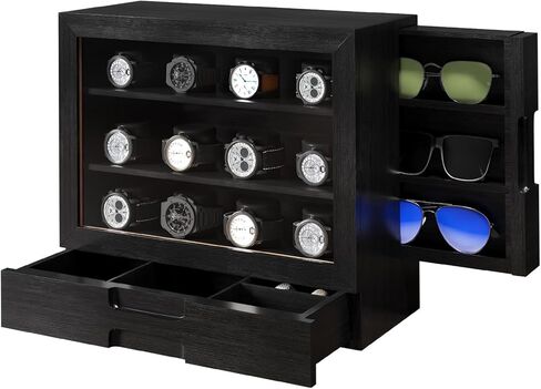 AUTOARK Wooden Watch Sunglass Display Case,12 Watch Box with Jewelry Drawer,Watch Eyeglass Holder with Window,Vertical Storage,Gift Idea,Walnut,AW-185 in Kuwait