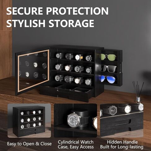 AUTOARK Wooden Watch Sunglass Display Case,12 Watch Box with Jewelry Drawer,Watch Eyeglass Holder with Window,Vertical Storage,Gift Idea,Walnut,AW-185 in Kuwait