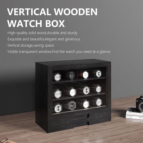 AUTOARK Wooden Watch Sunglass Display Case,12 Watch Box with Jewelry Drawer,Watch Eyeglass Holder with Window,Vertical Storage,Gift Idea,Walnut,AW-185 in Kuwait