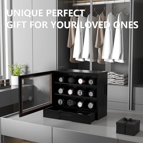 AUTOARK Wooden Watch Sunglass Display Case,12 Watch Box with Jewelry Drawer,Watch Eyeglass Holder with Window,Vertical Storage,Gift Idea,Walnut,AW-185 in Kuwait