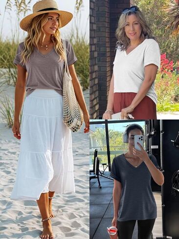 ATHMILE تي شيرت قصير الأكمام الخامس الرقبة تيز للنساء بلوزات على الموضة العصرية خفيفة الوزن لينة ملابس الصيف غير رسمية الملابس 2024 in Kuwait