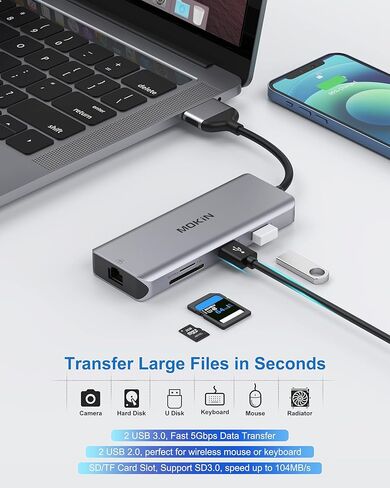 محول MOKiN USB C Hub متعدد المنافذ، 7 في 1 USB C إلى 4K@60HZ HDMI Mac Dongle محول، PD 100W، SD/MicroSD، USB A 3.0 وUSB C 3.0، محول USB C إلى USB Hub Slim لأجهزة الكمبيوتر المحمول MacBook Air/Pro iPad in Kuwait