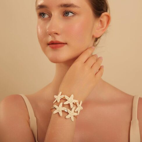 Handmade Raffia Starfish Cuff Bracelet for Women - Colorful Adjustable Wide Open Bangle, Statement Tropical Beach Jewelry in Saudi Arabia