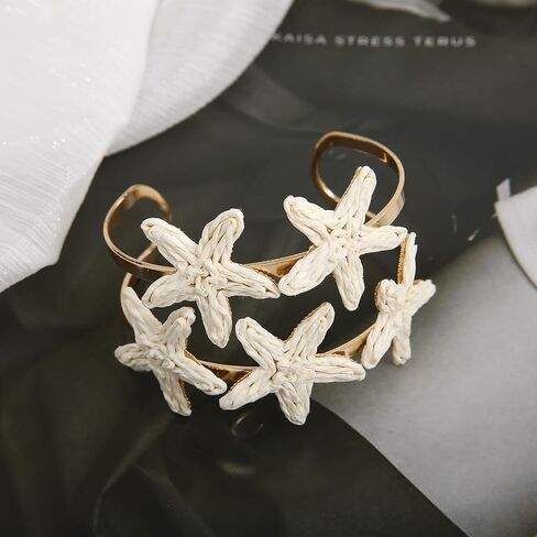 Handmade Raffia Starfish Cuff Bracelet for Women - Colorful Adjustable Wide Open Bangle, Statement Tropical Beach Jewelry in Saudi Arabia