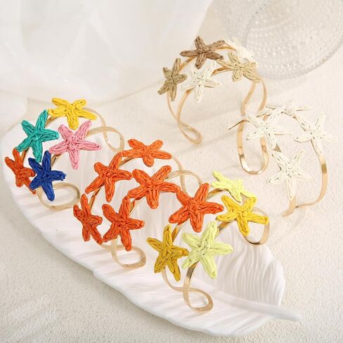 Handmade Raffia Starfish Cuff Bracelet for Women - Colorful Adjustable Wide Open Bangle, Statement Tropical Beach Jewelry in Saudi Arabia